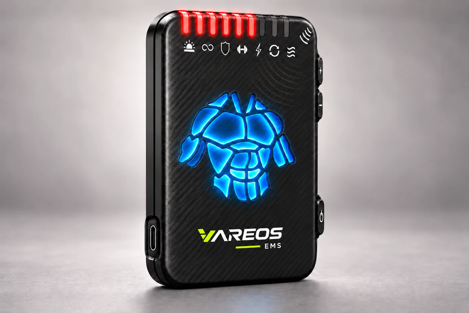 VAREOS EMS-Controller mit LED-Leiste, strukturiertem Gehäuse und beleuchteter Statusanzeige