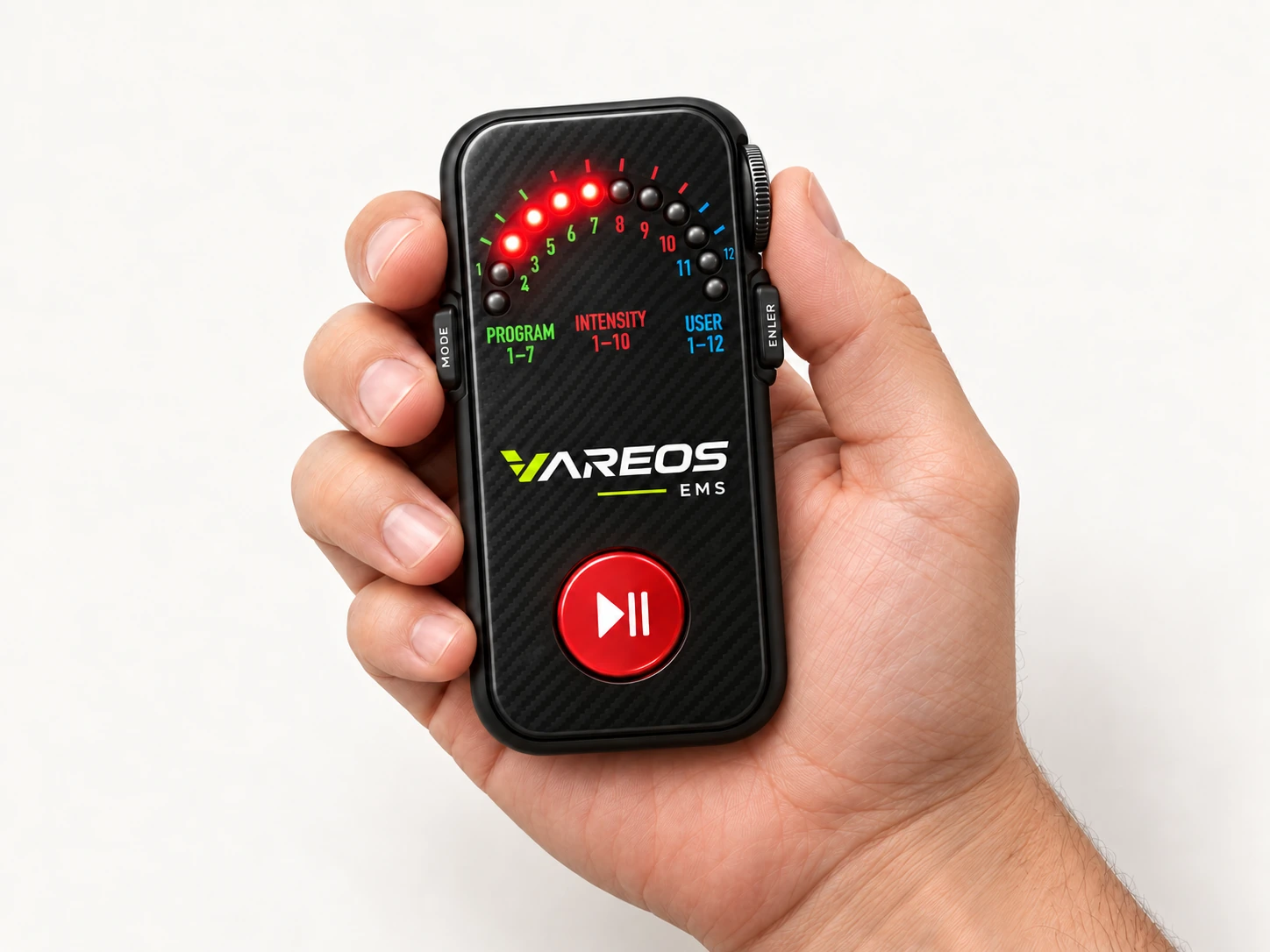 Kompakte VAREOS EMS-Fernbedienung in einer Hand, mit seitlichem Rad und roter Pause-/Resume-Taste